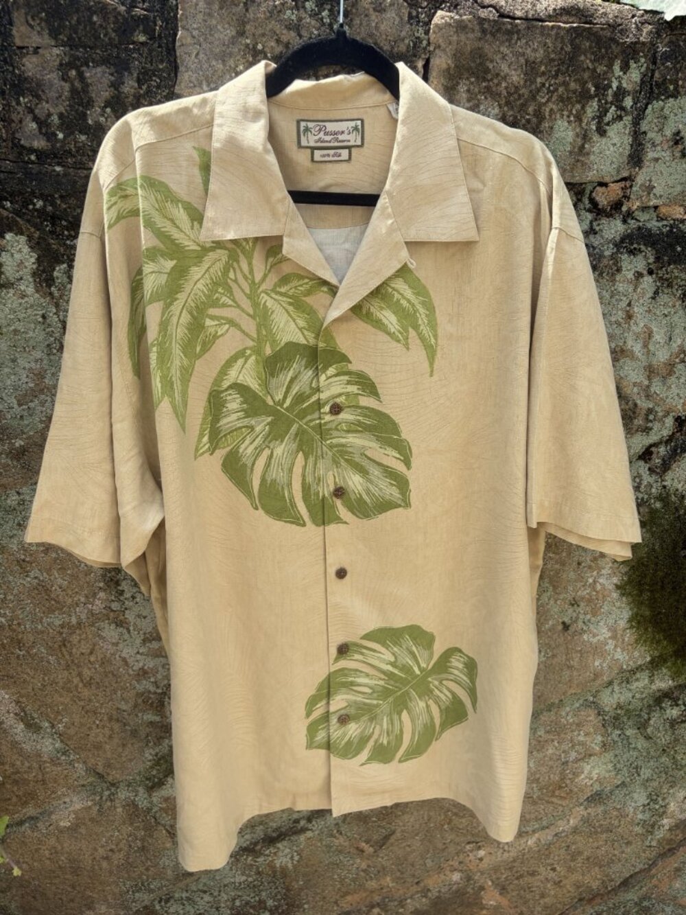 Pussers Island Hawaiian Palm Camp Shirt Large Yellow Silk Botanical Tropical